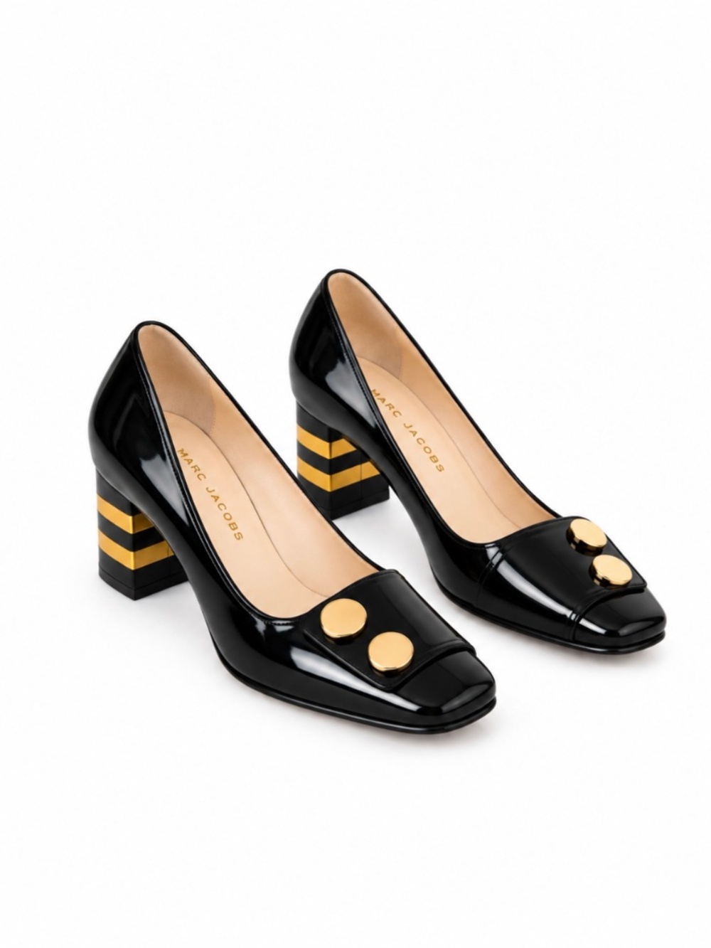 Marc Jacobs Black Patent Leather Pumps 7.5 US Square Toe Gold Chunky Block Heel - Picture 7 of 7
